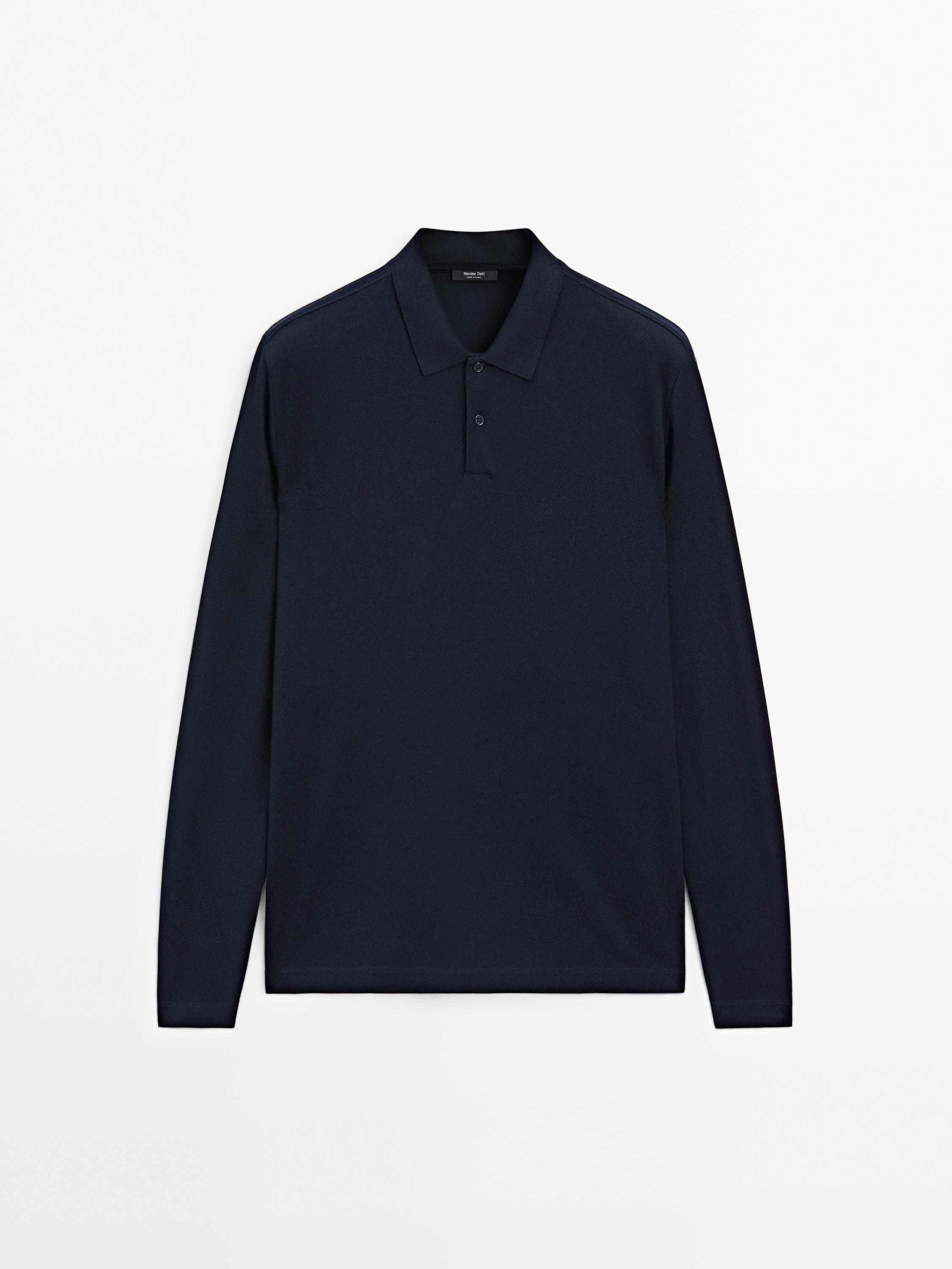 Long sleeve mercerised cotton piqué polo shirt